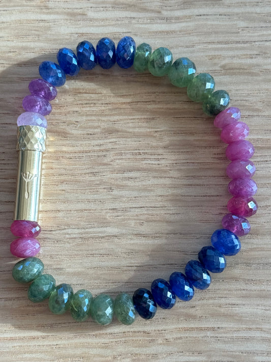 14k solid gold clasp with multi color sapphires